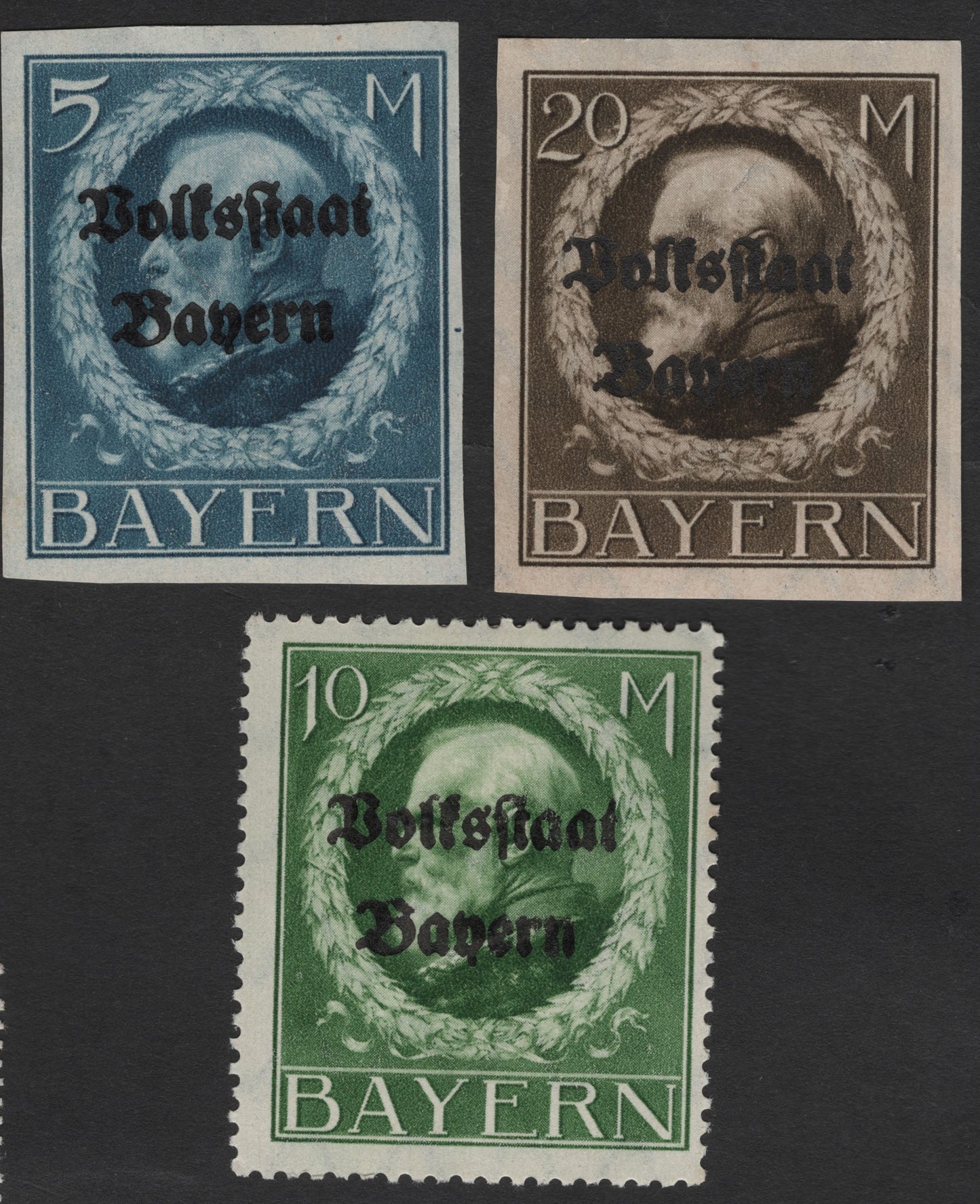 SCG2367 - 1919 Bavaria "Volksstaat Bayern" Overprint Set – 5M, 10M, 20M