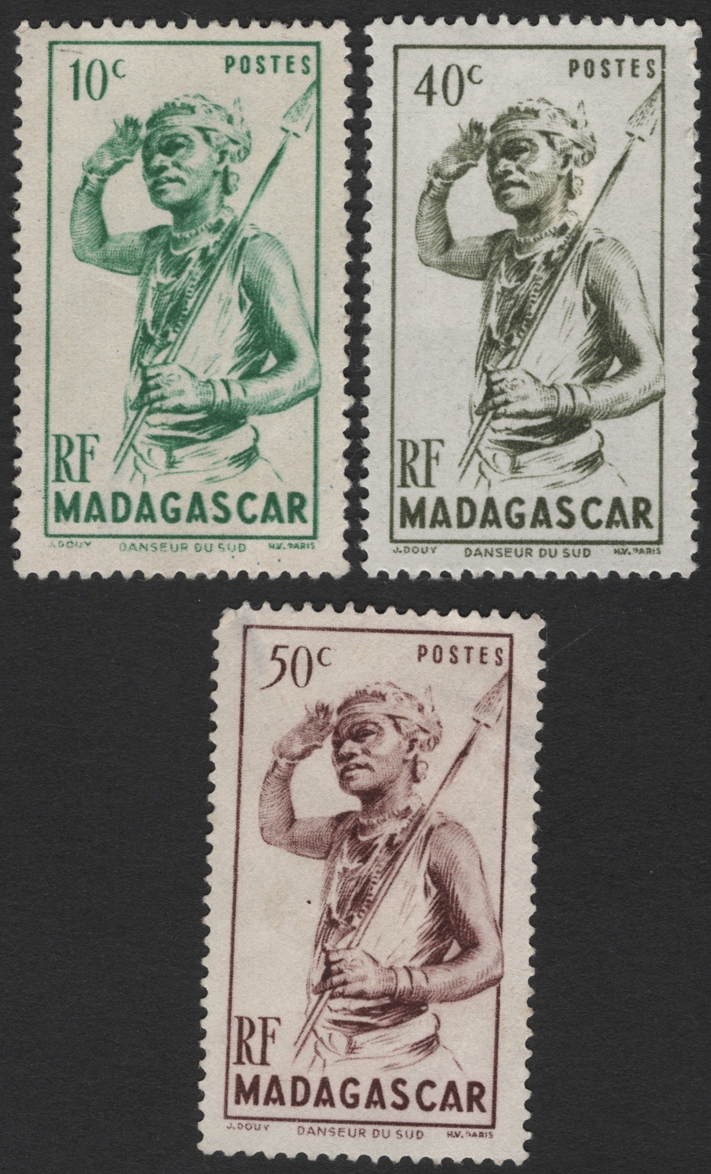 SCG2365 - Madagascar 1947 "Danseur du Sud" Tribal Dancer Set (10c, 40c, 50c)