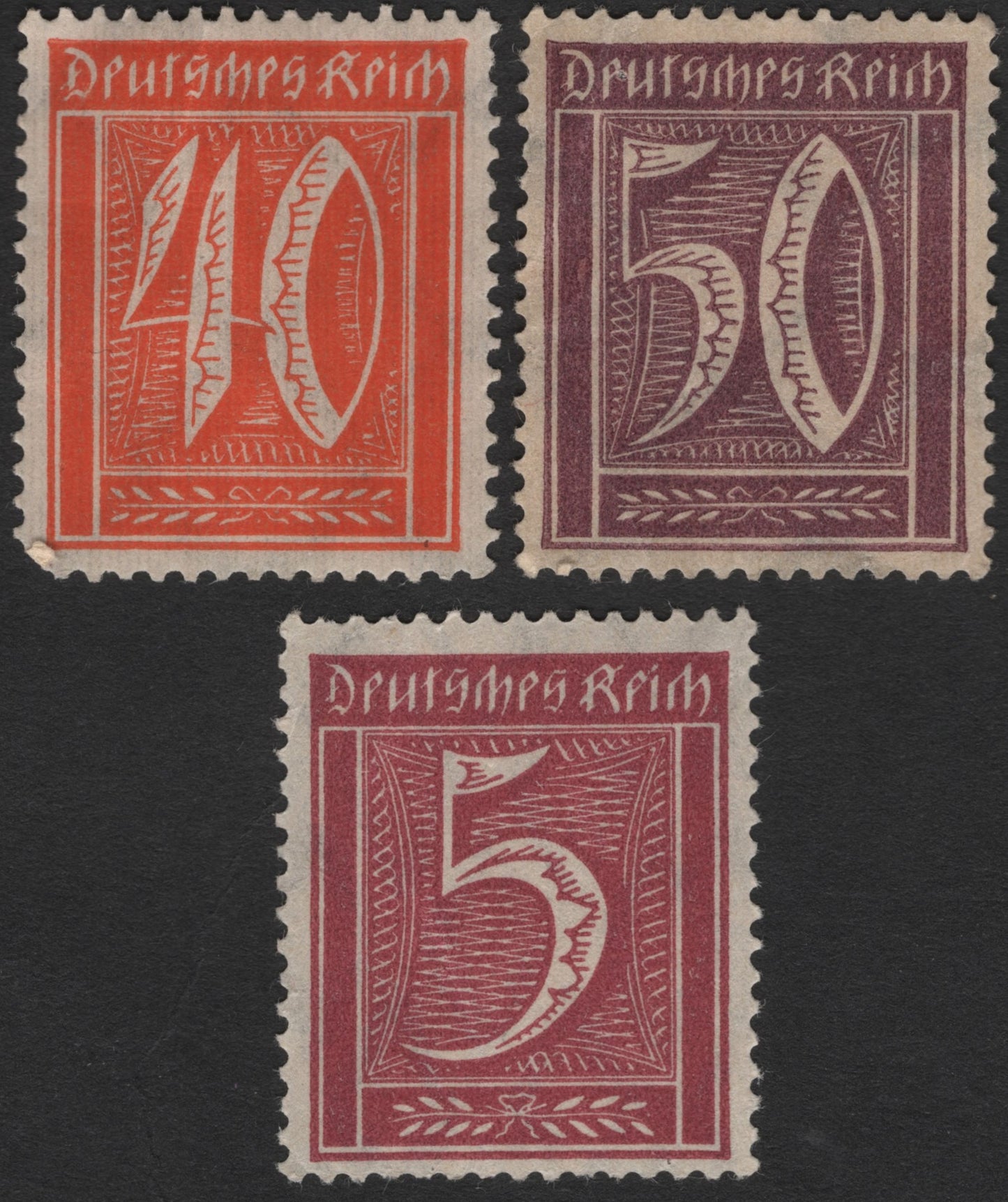 SCG2366 - Germany 1920s Inflation-Era Numeral Stamps – 5, 40 & 50 Pfennig