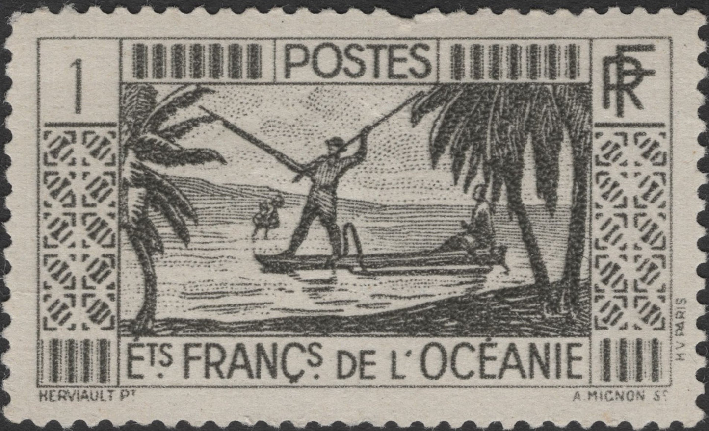 SCG2414 - 1940s French Oceania 1 Franc Canoe Scene Stamp