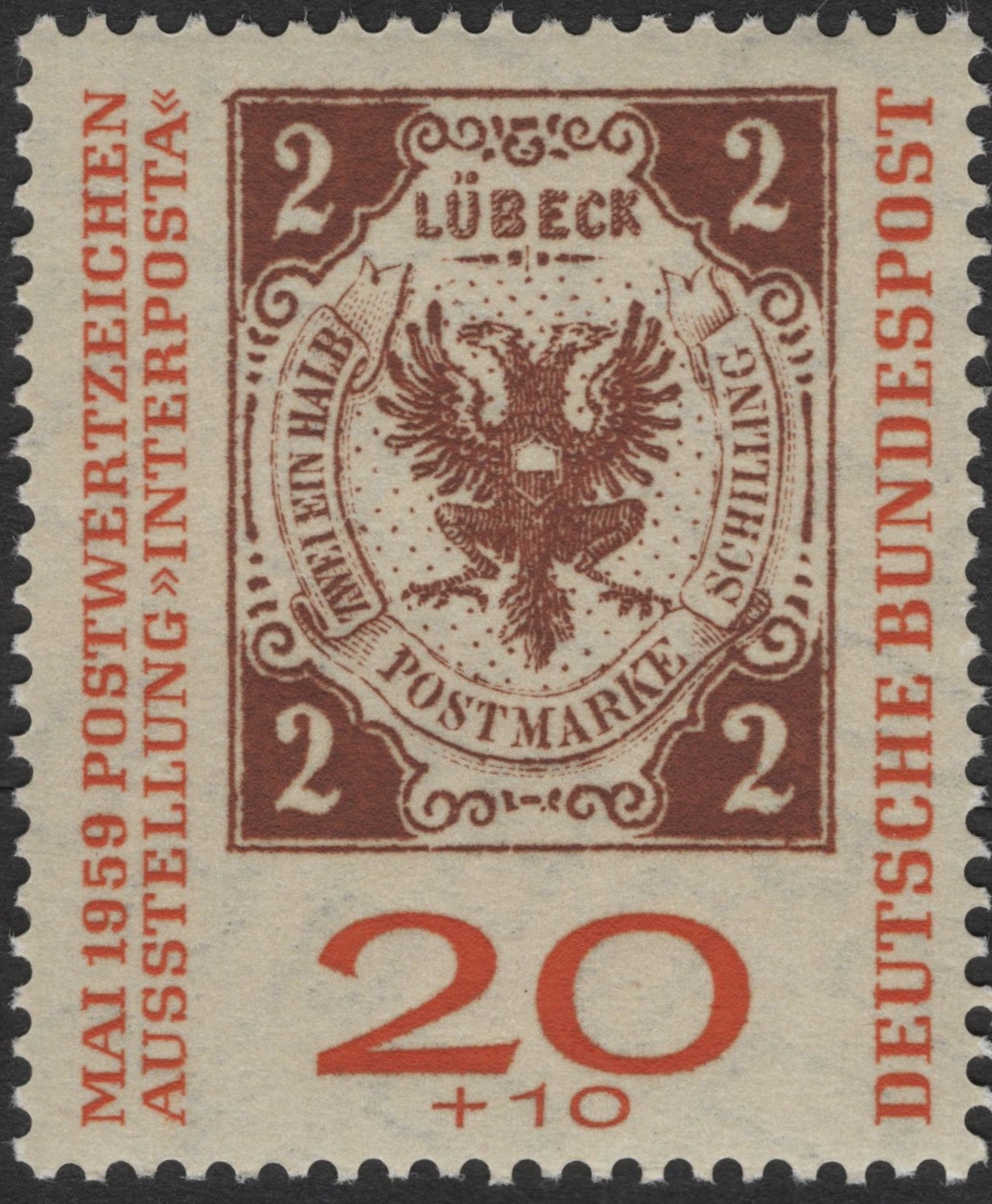 SCG2423 - Germany 1959 INTERPOSTA Lübeck Stamp (20+10 Pf)