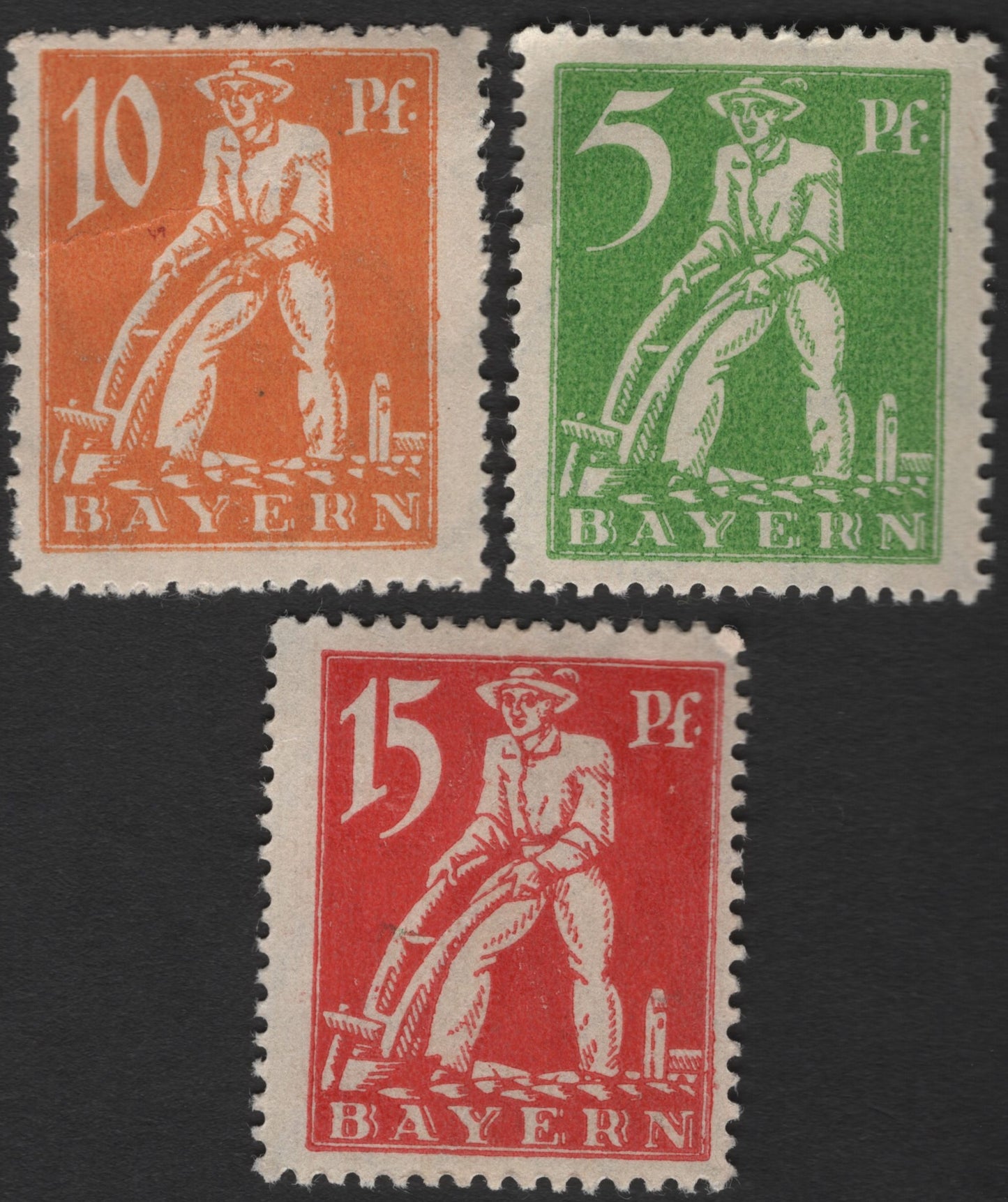 SCG2482 - Bavaria 1919 Plowman Issue – 5, 10 & 15 Pfennig Trio