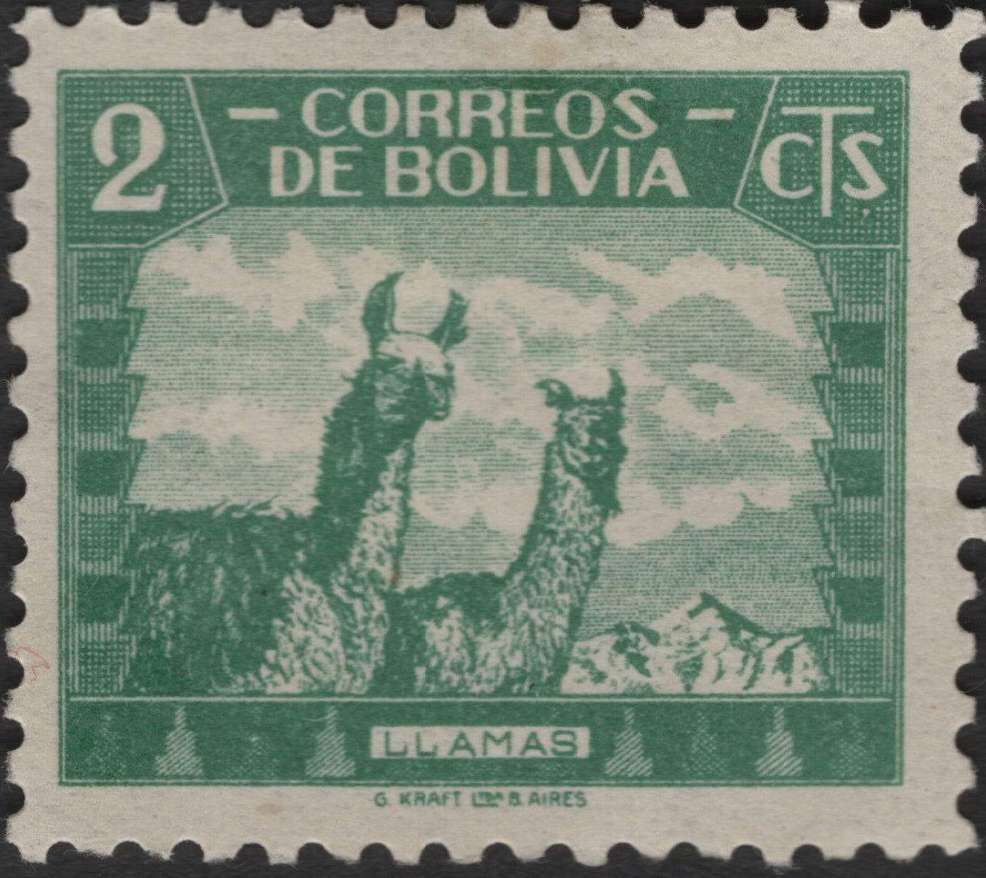 SCG2564 - 1940s Bolivia 2c Green Llamas Stamp