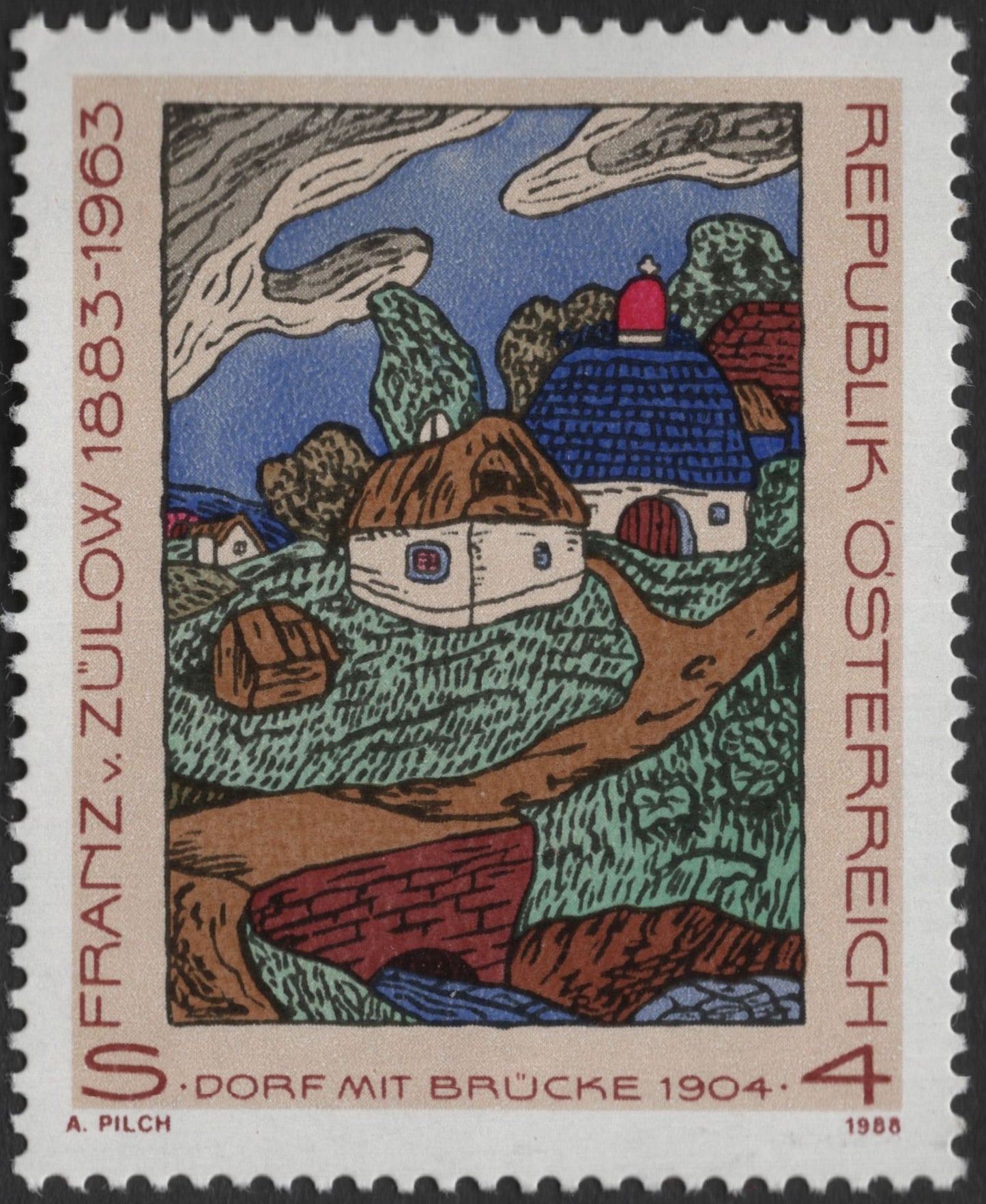 SCG2608 - Austria 1988 Franz von Zülow – "Dorf mit Brücke" Stamp