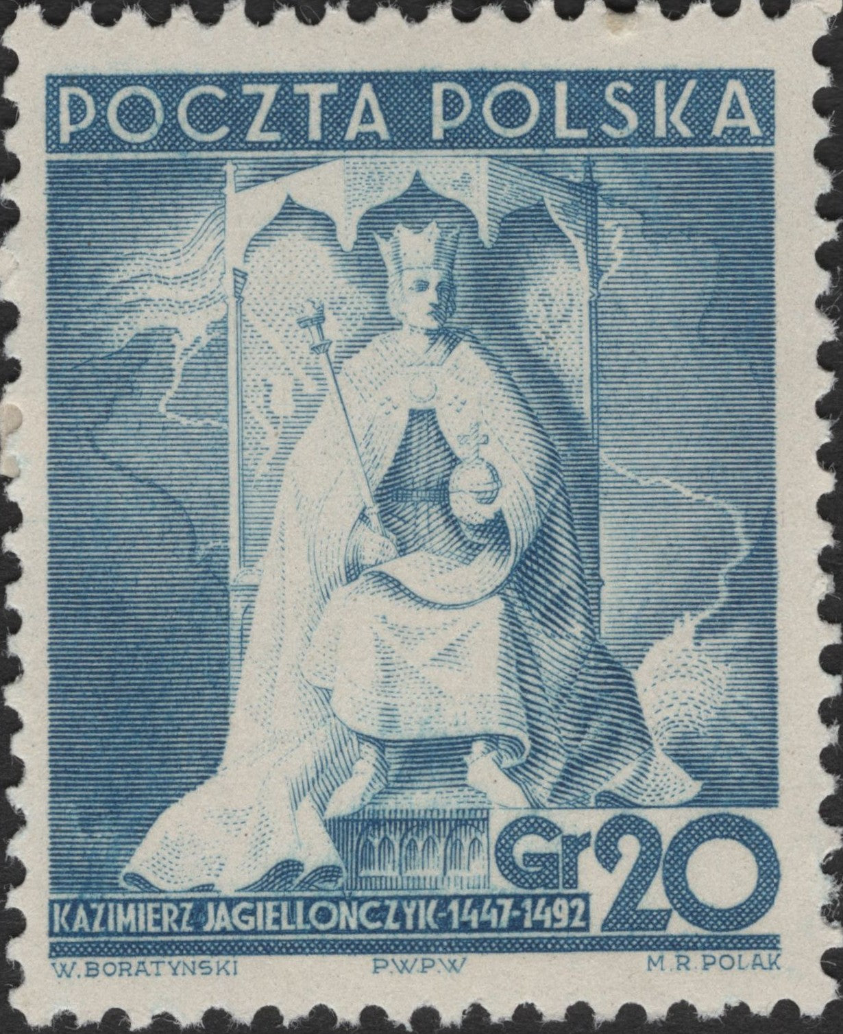 SCG2644 - Poland 20 Groszy Kazimierz Jagiellończyk Stamp (1950s)