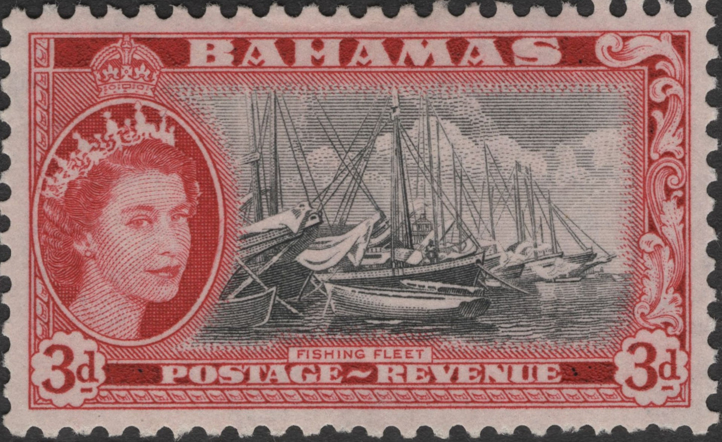 SCG2700 - Bahamas 3d Queen Elizabeth II & Fishing Fleet Stamp (1954)