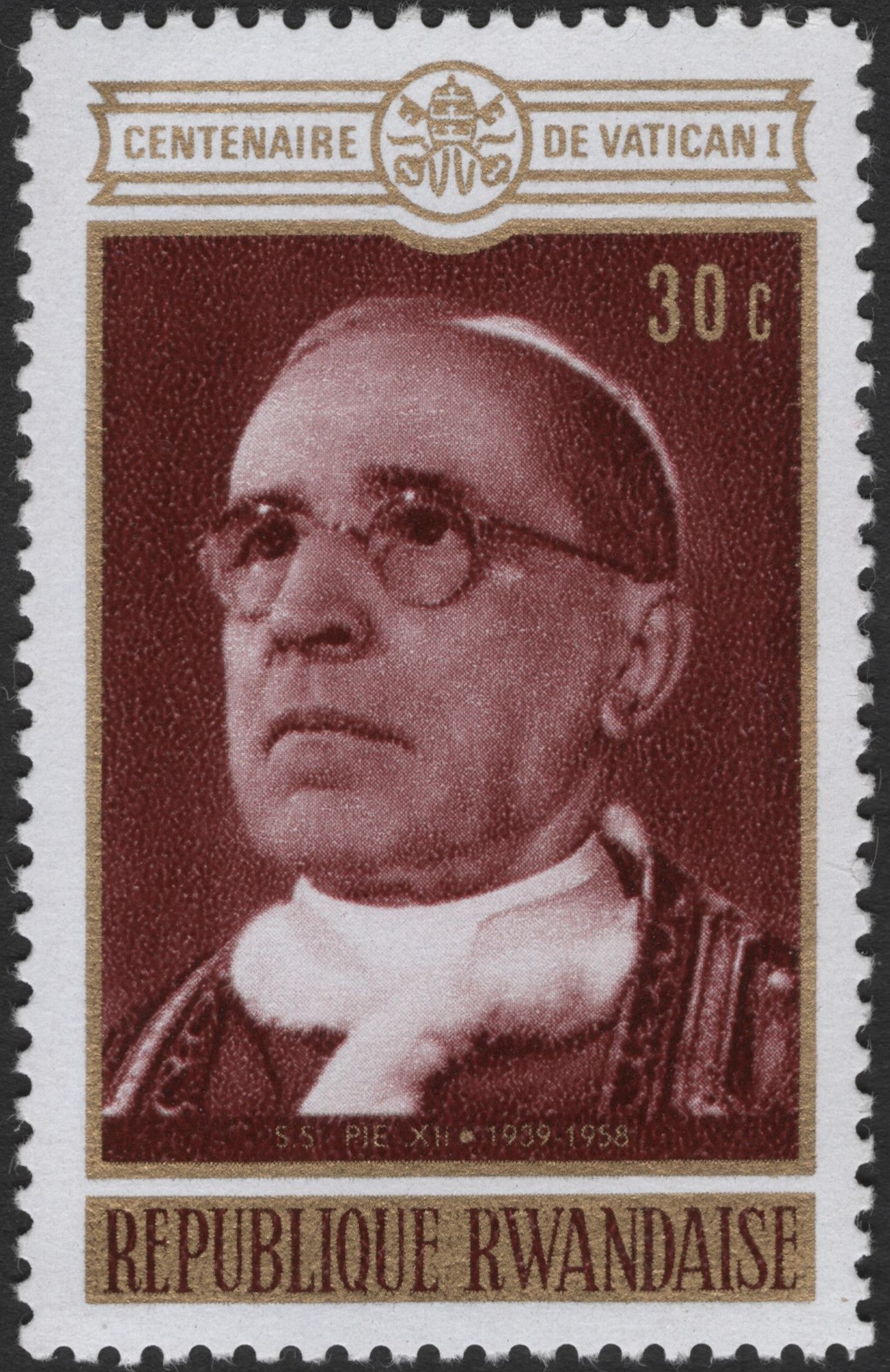 SCG2719 - Rwanda 30c Stamp – Centenary of Vatican I, Featuring Pope Pius XII