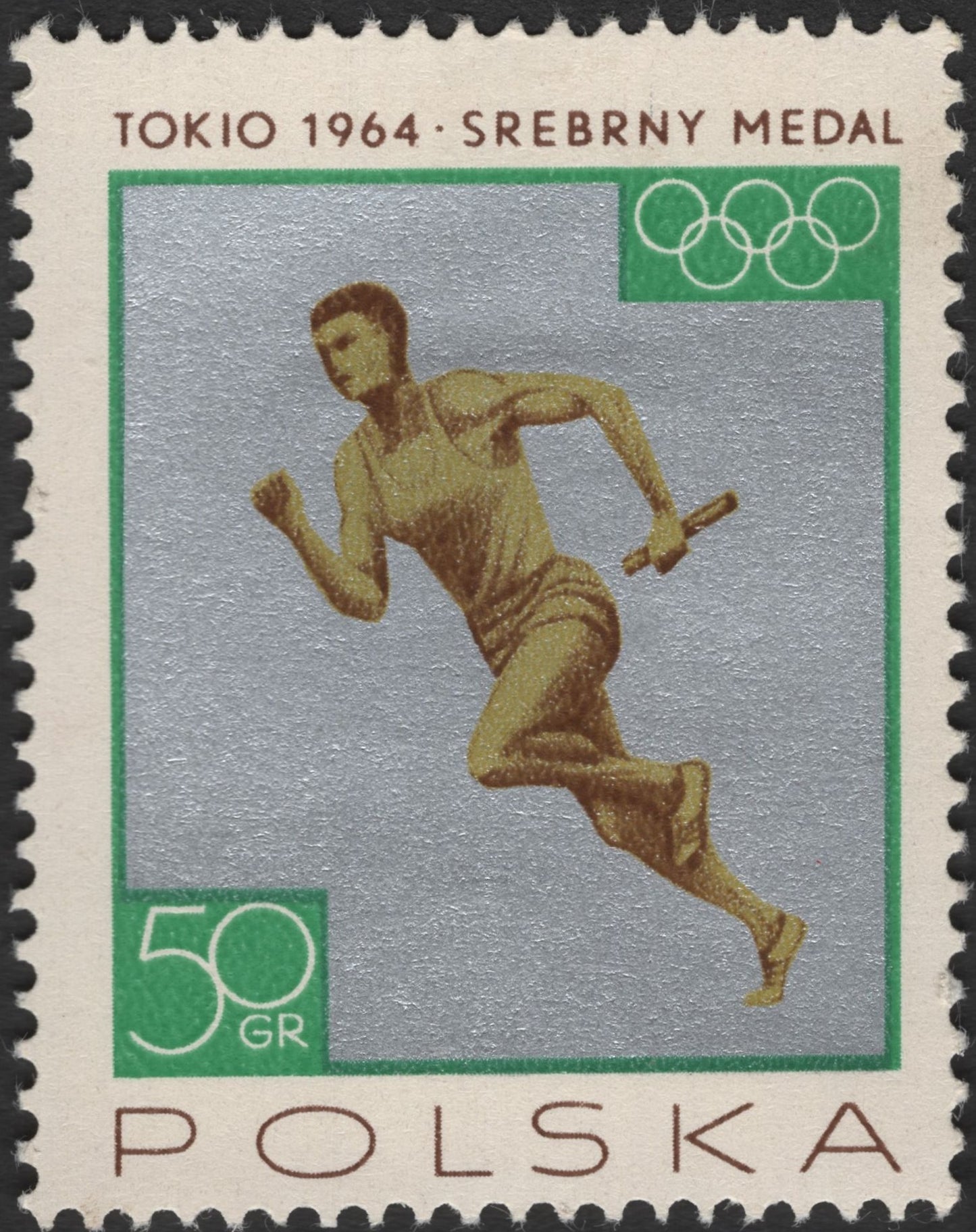 SCG2738 - Poland 1964 Olympic Silver Medal Stamp – Tokyo Relay Runner