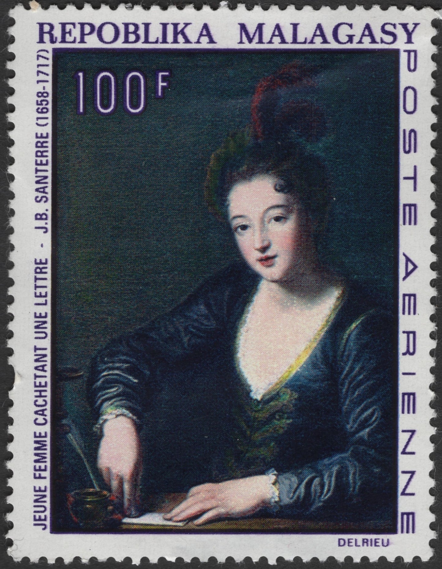SCG2776 - Malagasy Airmail Stamp – Jeune Femme Cachetant une Lettre, 100F (1970s)
