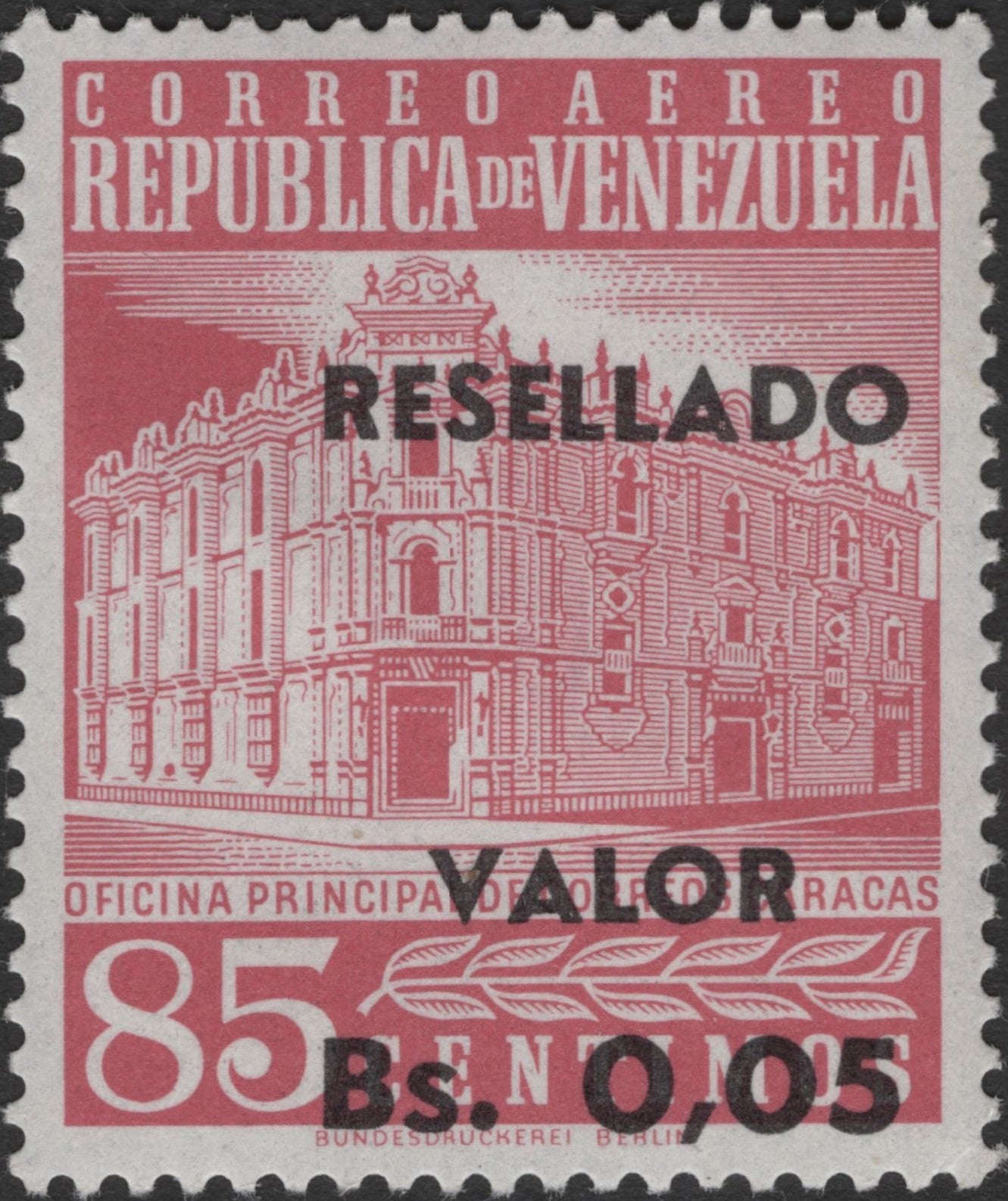 SCG2756 - Venezuela Airmail Stamp – 85c Red Surcharge “Resellado” (1950s–60s)