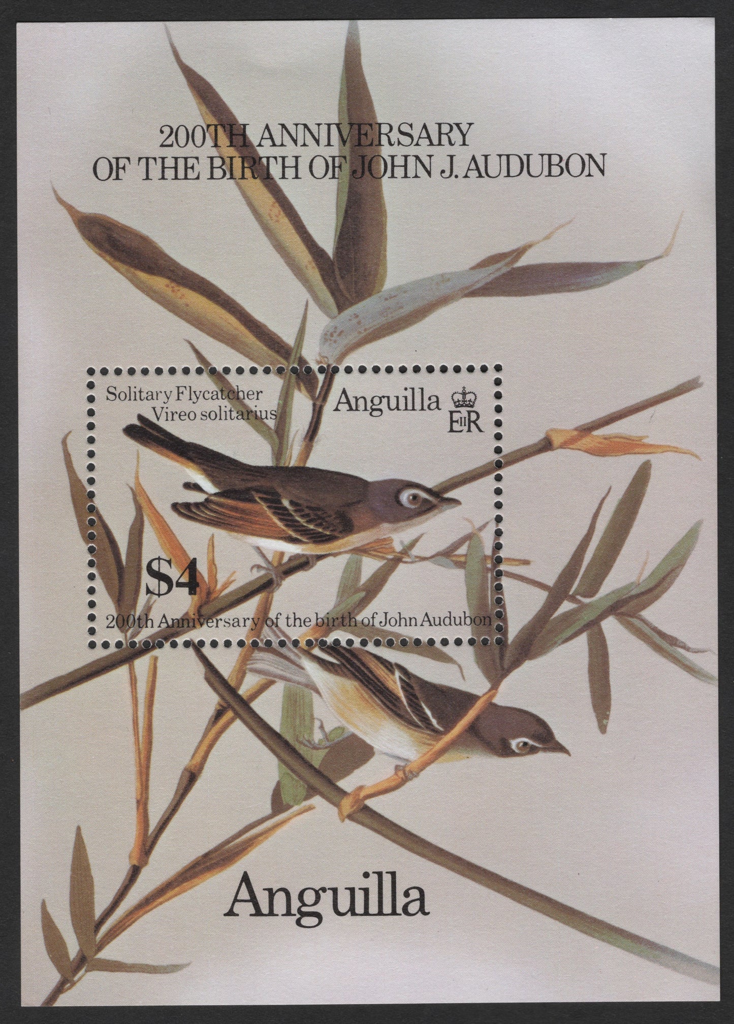SCG2893 - Anguilla 1985 – 200th Anniversary of John J. Audubon – Solitary Flycatcher Miniature Sheet