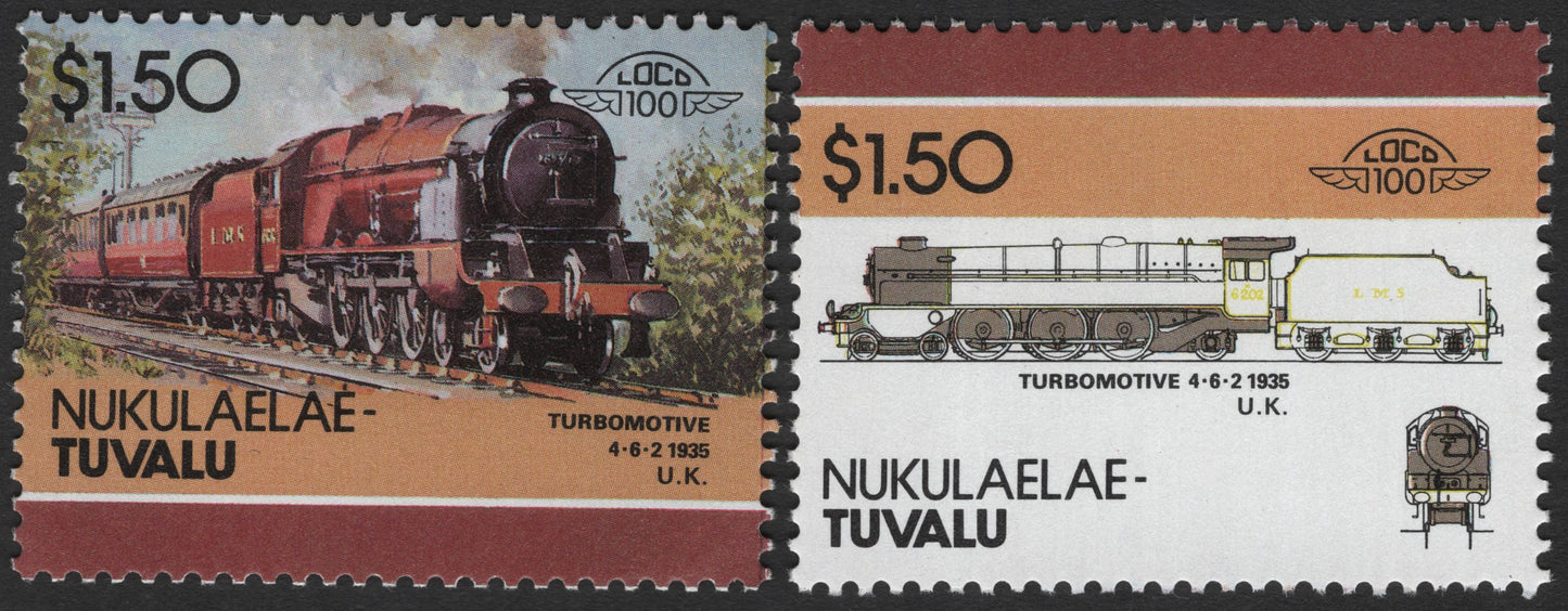 SCG3188 - Tuvalu 1985 Turbomotive 4-6-2 (1935) Locomotive Pair – Nukulaelae Island Issue