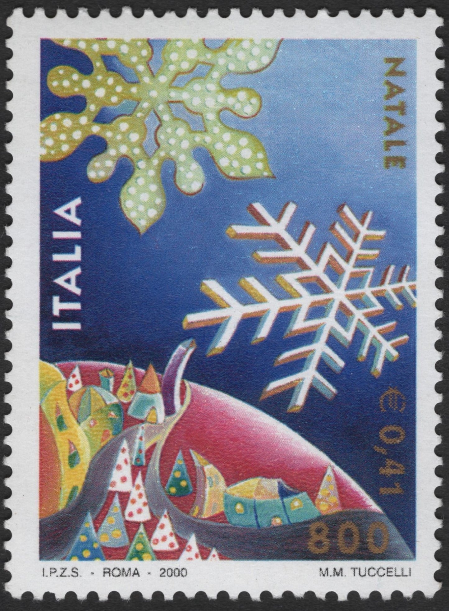 SCG3394 - Italy 2000 Christmas Stamp – "Natale" Snowflakes and Village Scene
