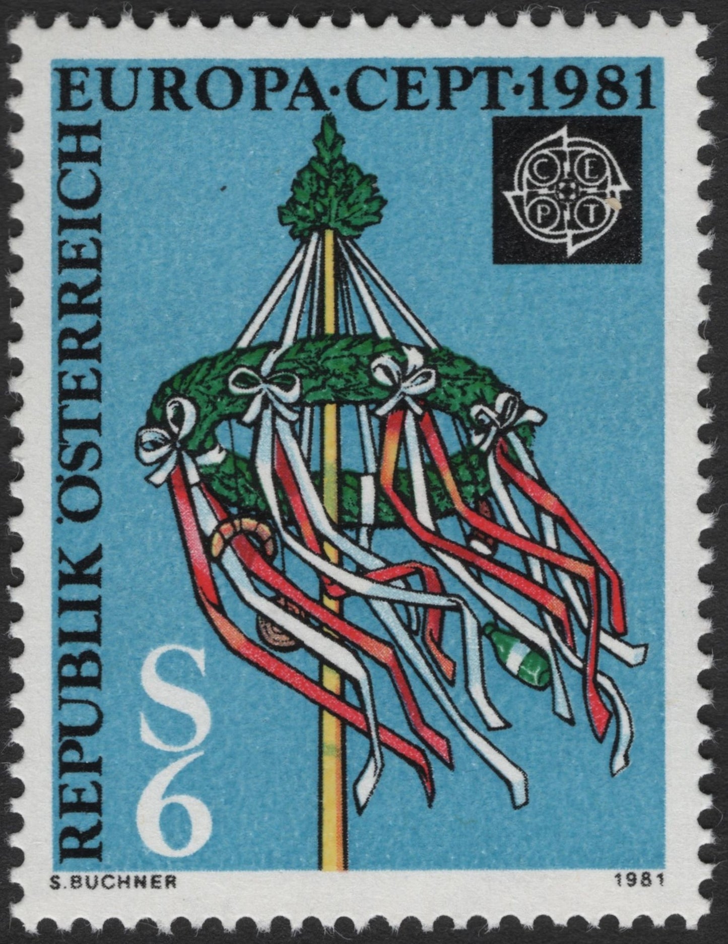 SCG3477 - Austria 1981 Europa CEPT Stamp – Maypole with Wreath and Ribbons