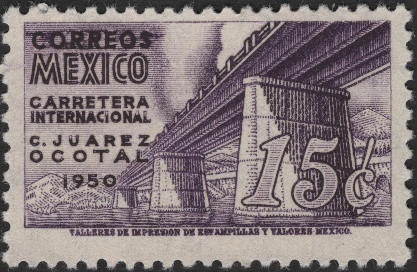 SCG3704 - Mexico 1950 – International Highway (C. Juárez – Ocotal) 15 Centavos Stamp