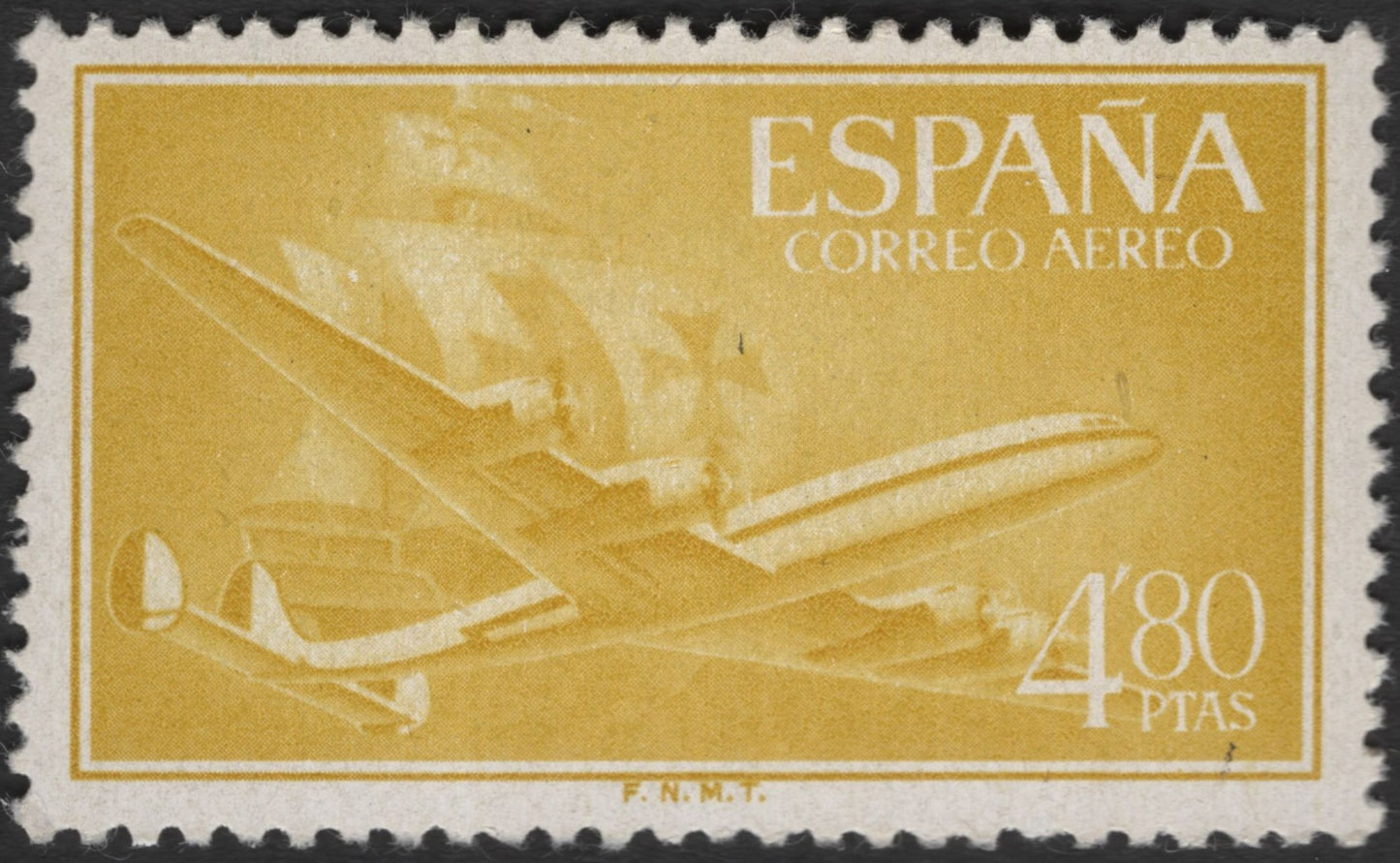 SCG3709 - Spain 4.80 Pesetas Airmail Stamp – Airplane and Sailing Ship Motif