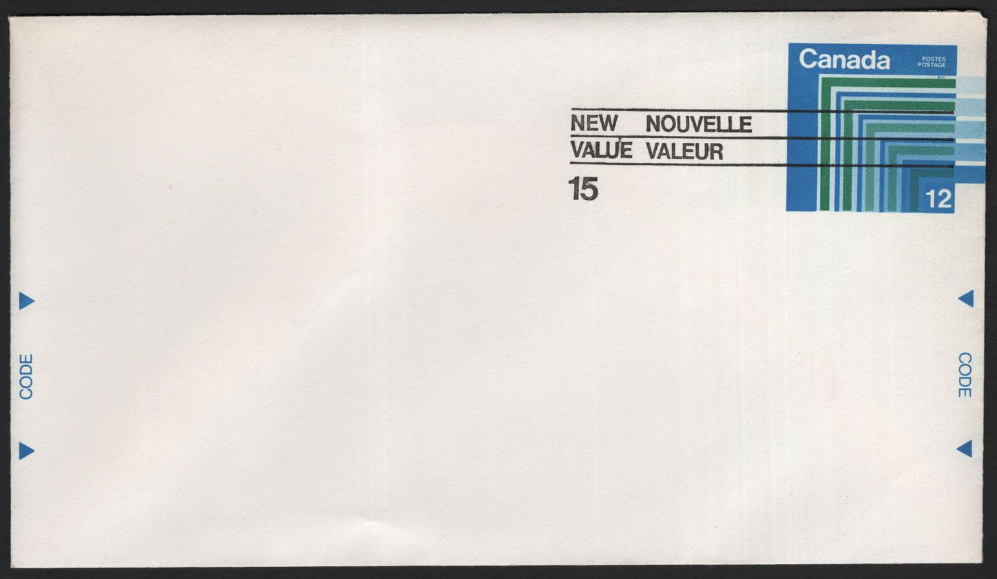 SCG3791 - Canada 1970s Postal Stationery Envelope – 12¢ Blue-Green Issue (Surcharged 15¢)