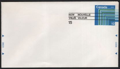 SCG3791 - Canada 1970s Postal Stationery Envelope – 12¢ Blue-Green Issue (Surcharged 15¢)