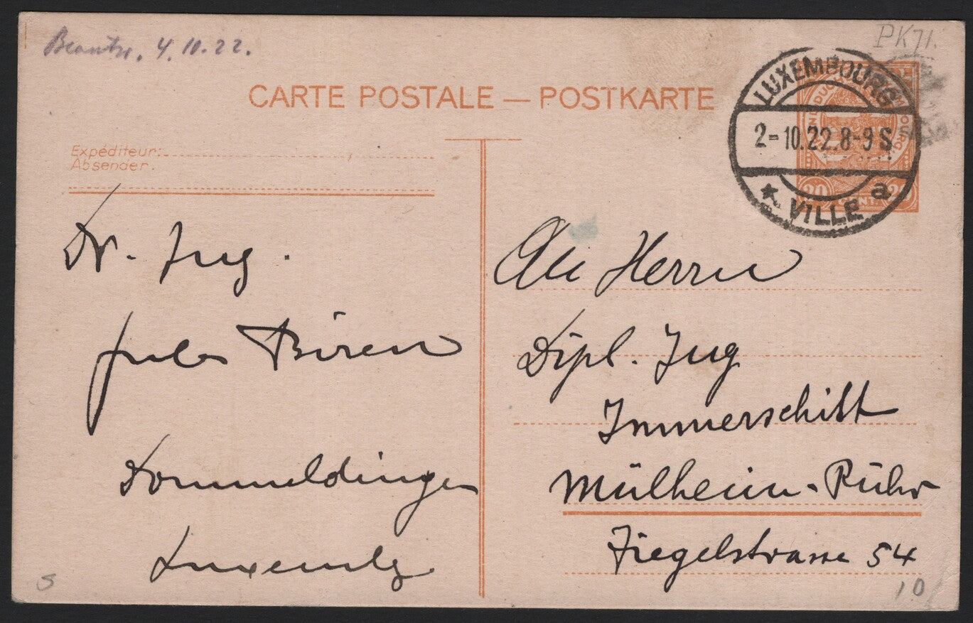 SCG3800 - Luxembourg 1922 Postal Card – 10c Orange (Luxembourg-Ville Cancel)