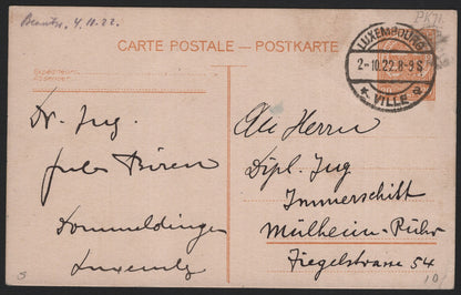 SCG3800 - Luxembourg 1922 Postal Card – 10c Orange (Luxembourg-Ville Cancel)