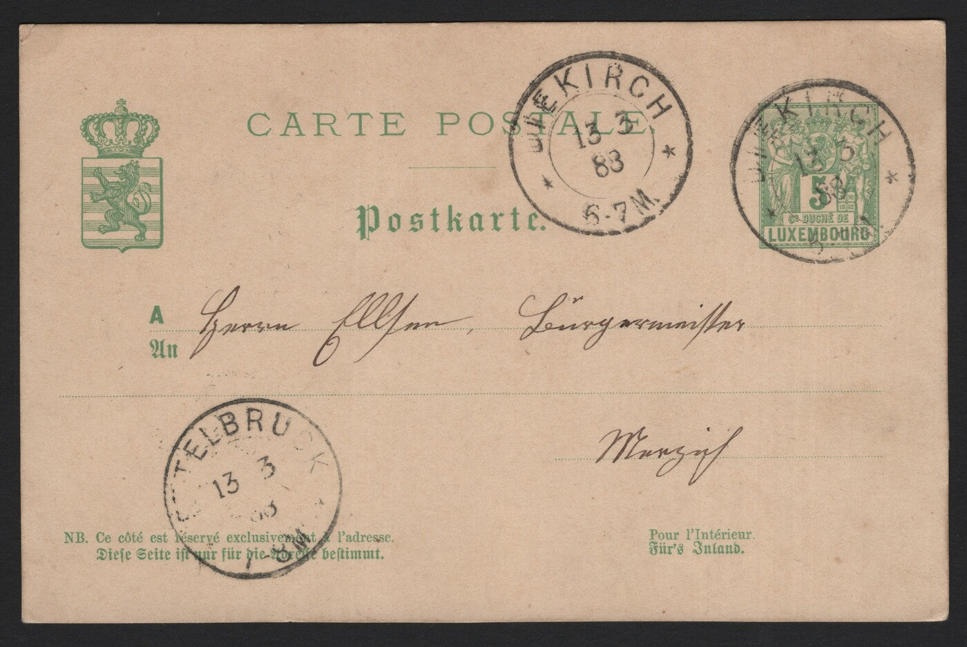 SCG3801 - Luxembourg 1883 Postal Card – 5 Centimes Green