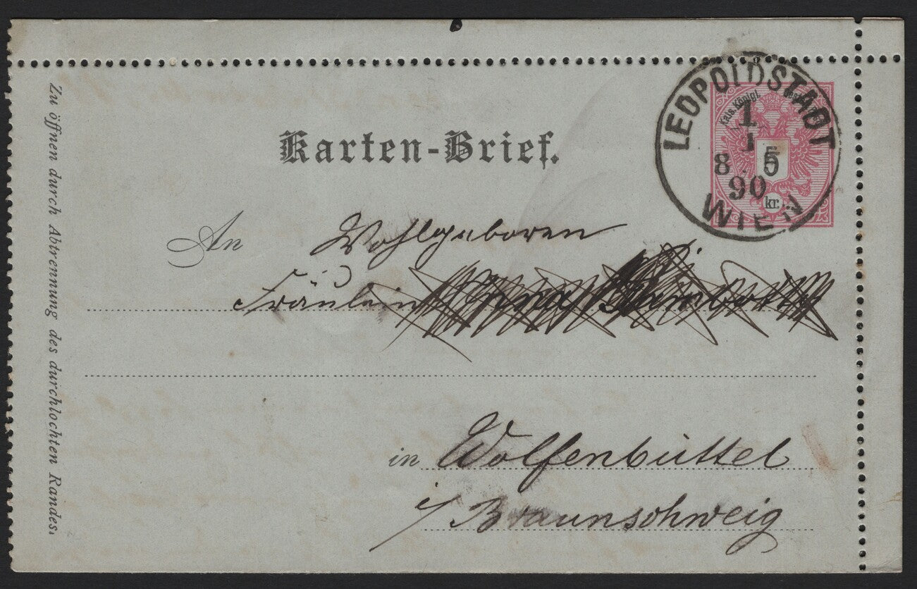 SCG3805 - Austria 1890 – 5 Kreuzer "Karten-Brief" Postal Stationery (Vienna to Wolfenbüttel, Braunschweig)
