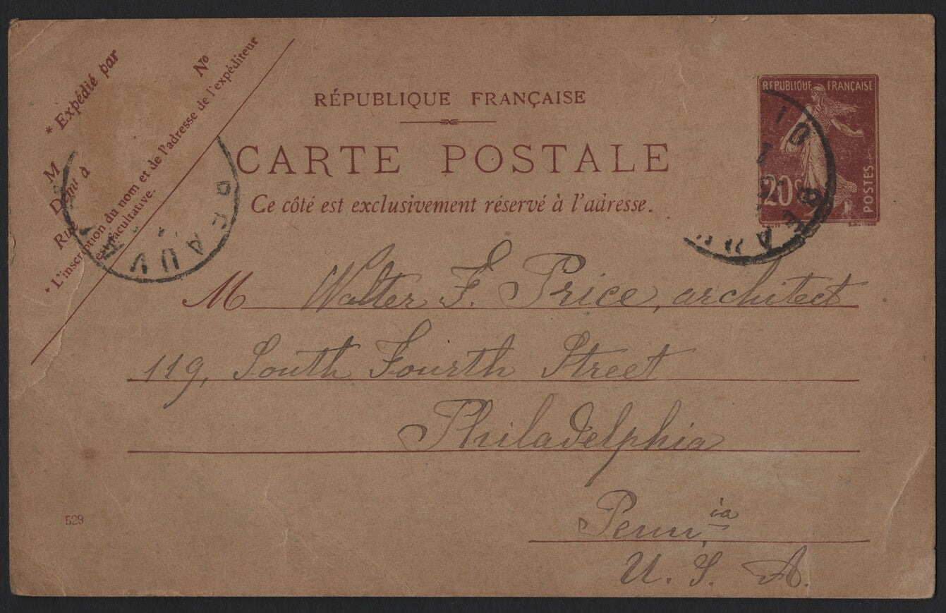 SCG3810 - France 20c Postal Card to the USA – Early 1900s