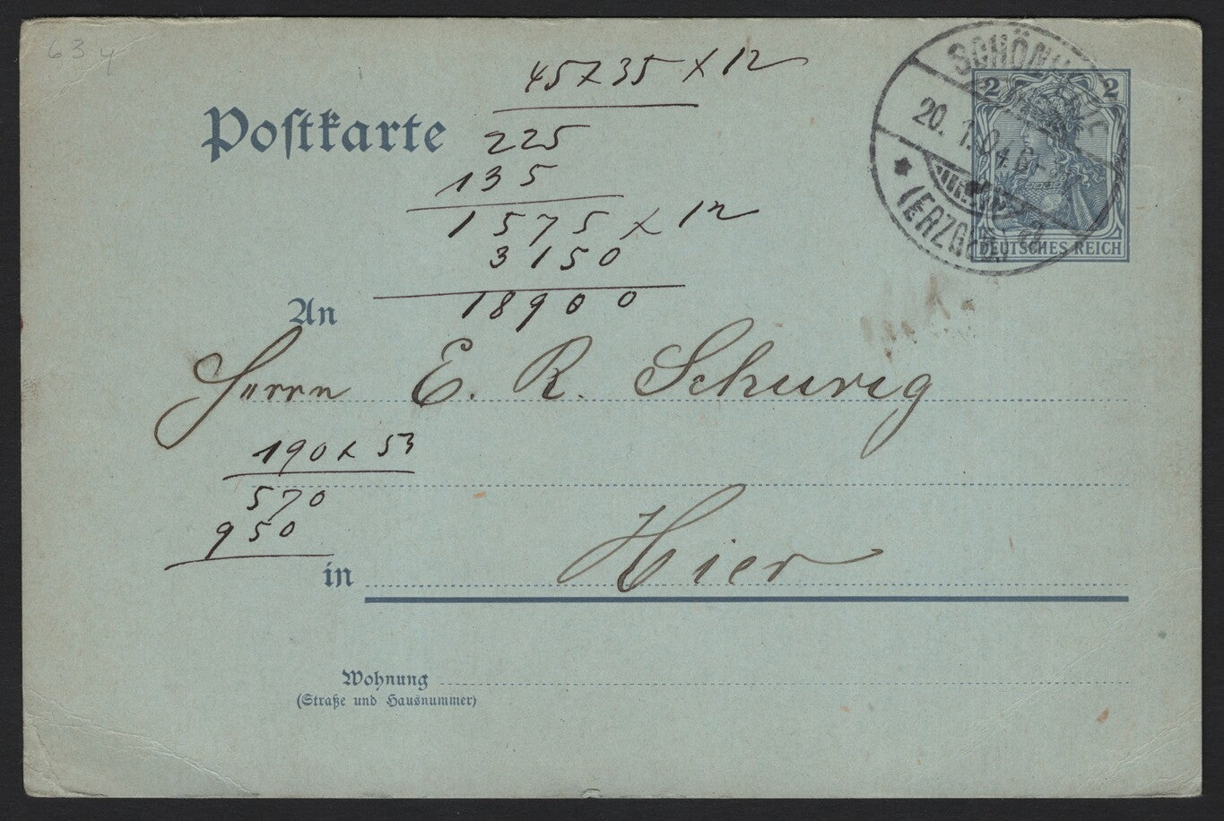 SCG3811 - Germany 1904 Postal Card – Germania Issue (2 Pfennig, Blue)