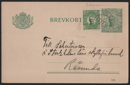 SCG3814 - Sweden – 5 öre Postal Card with Added 5 öre Stamp (Early 20th Century)
