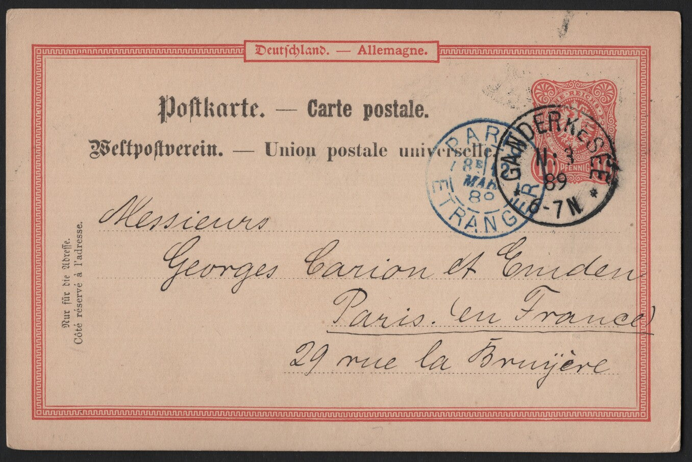 SCG3815 - Germany 1889 Postal Card to France