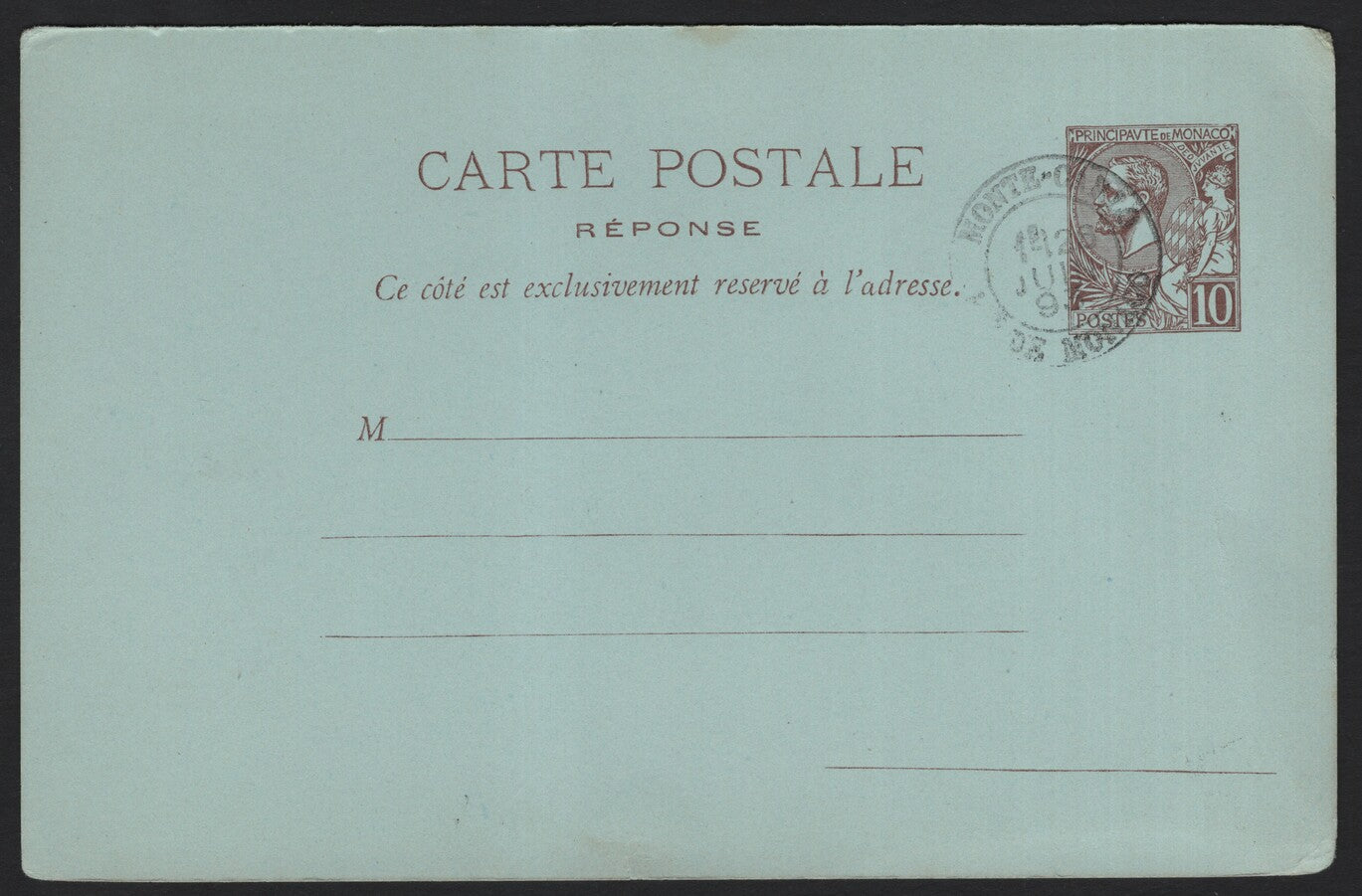 SCG3816 - Monaco 10 Centimes Postal Reply Card (Early 20th Century)