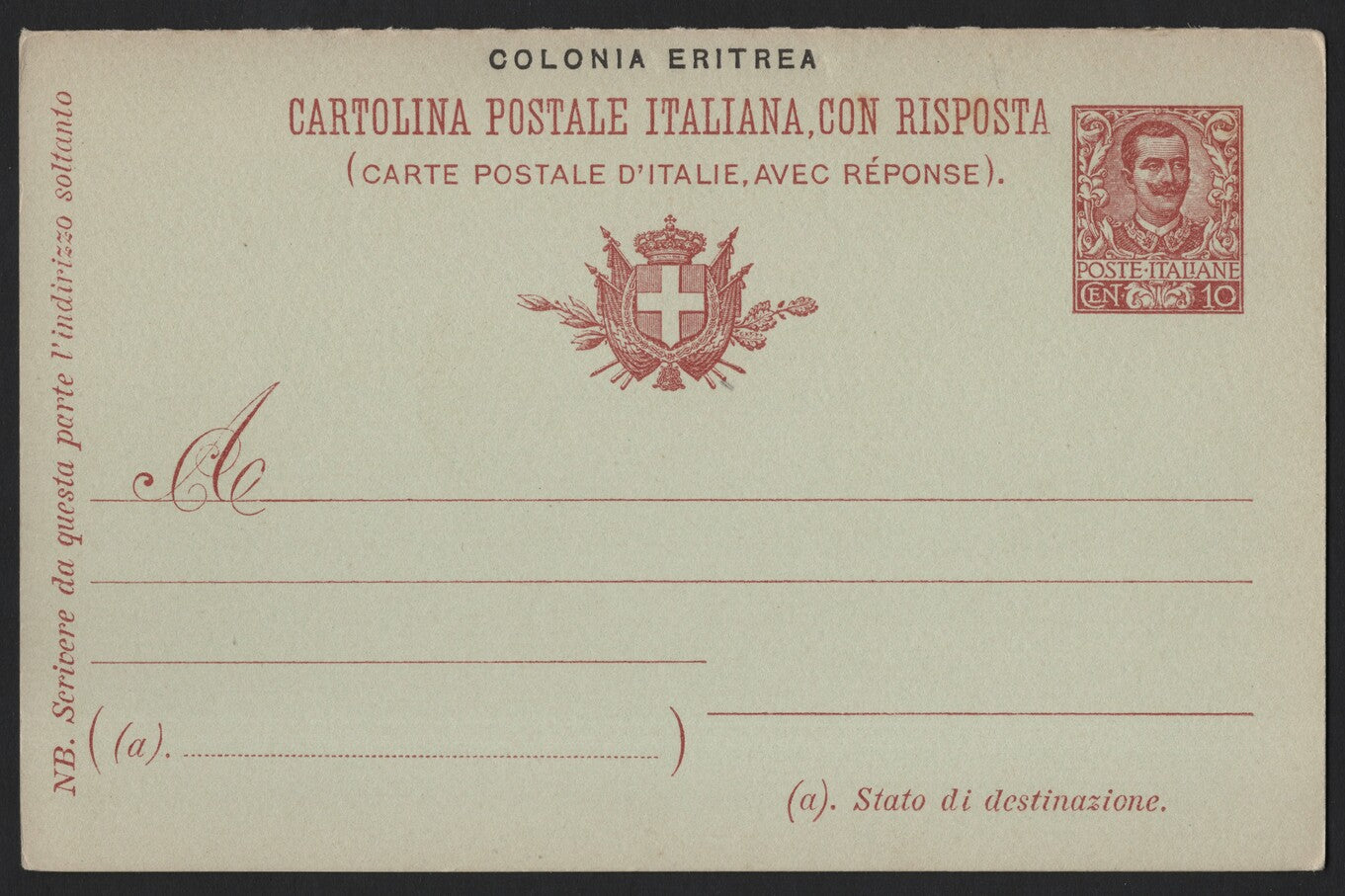 SCG3817 - Italy – Eritrea Colony Postal Card with Reply, 10 Centesimi (c. 1900s)