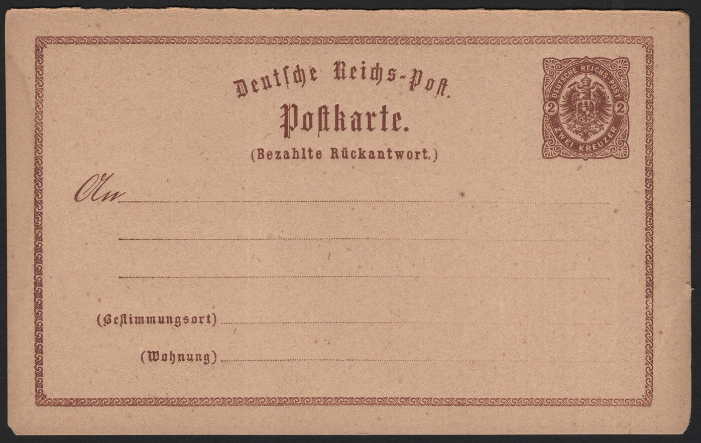 SCG3821 - Germany – Reichspost Postal Reply Card, 2 Kreuzer (circa 1870s–1880s, Pale Brown)