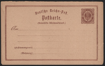 SCG3821 - Germany – Reichspost Postal Reply Card, 2 Kreuzer (circa 1870s–1880s, Pale Brown)