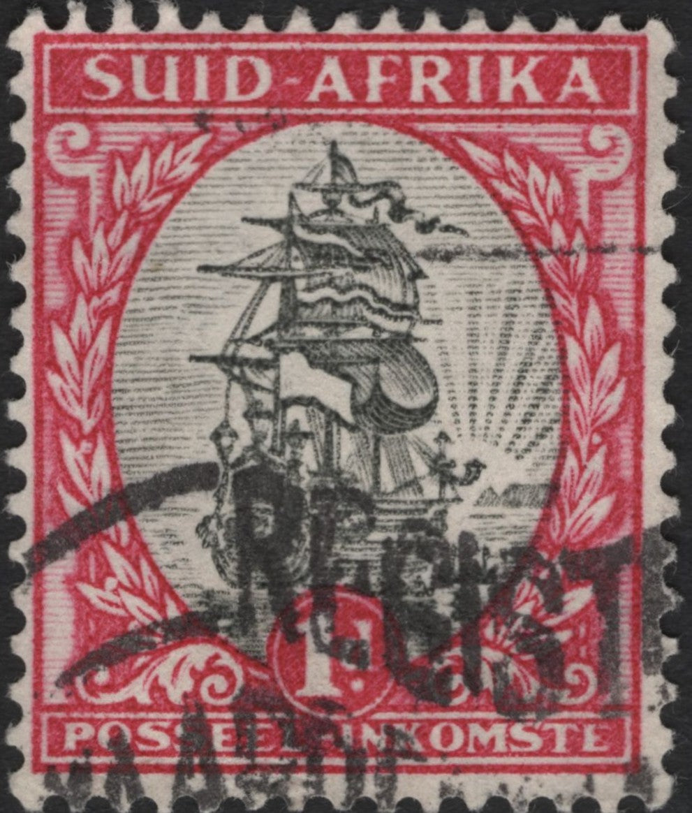 SCG3834 - South Africa 1926 – "Ship and Sunrise" Revenue Stamp (1 Penny, Afrikaans Text)