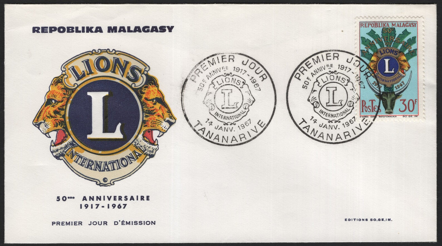 SCG3931 - Madagascar 1967 Lions International 50th Anniversary – First Day Cover