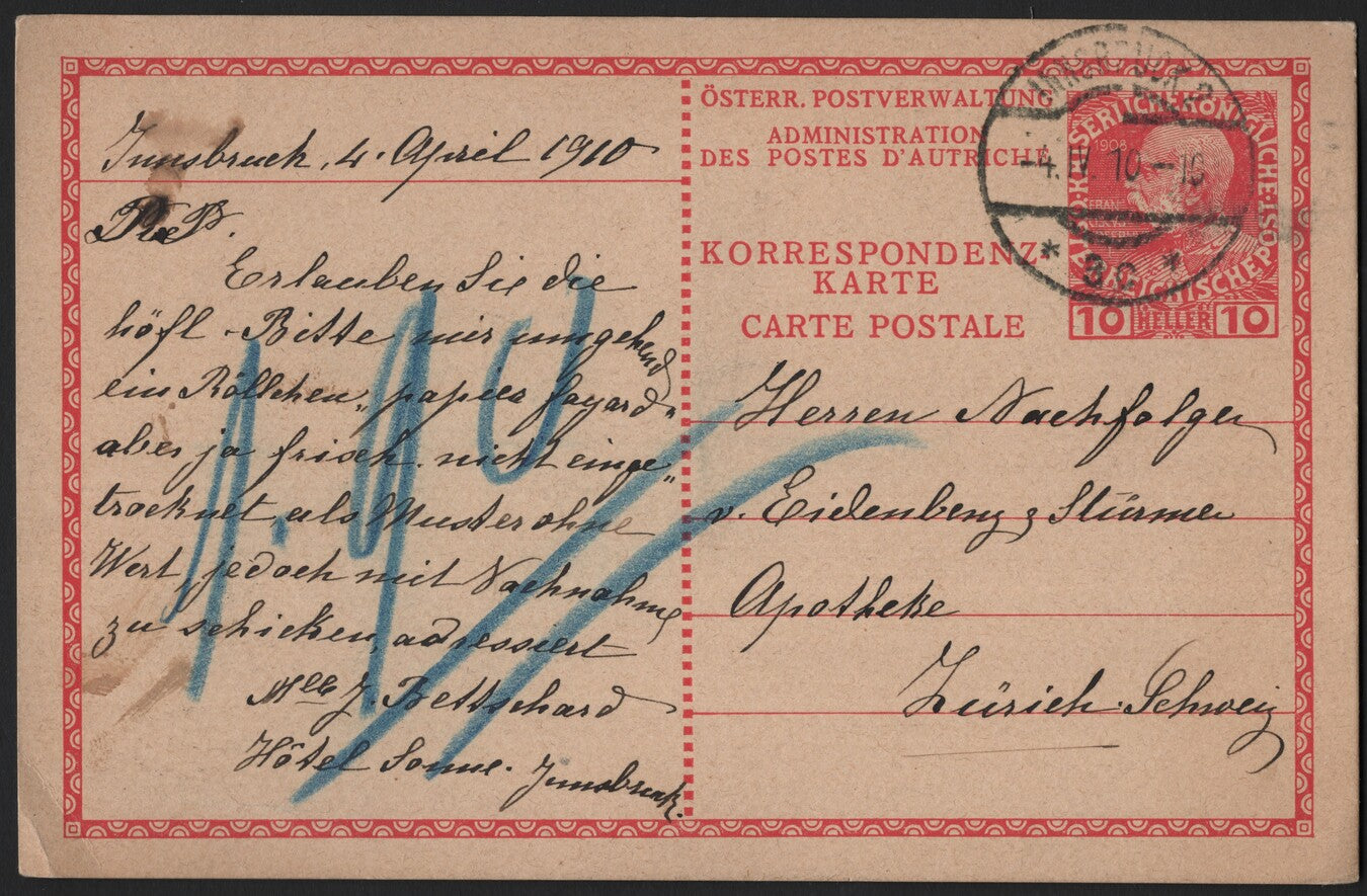 SCG3944 - Austria 1910 Postal Stationery Card – 10 Heller Red