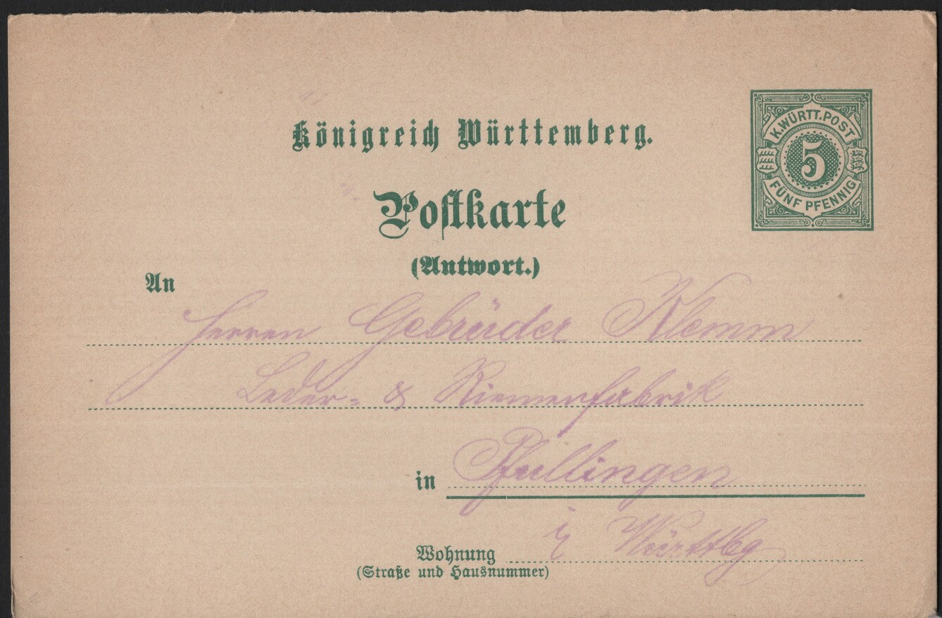 SCG3950 - Württemberg 5 Pfennig Reply Postal Card – Königreich Württemberg (c. late 19th century)