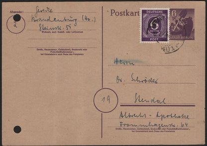 SCG3951 -  Germany 1946 Postal Stationery Card with Additional 6 Pfennig Stamp