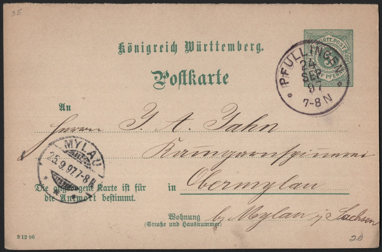 SCG3959 - Württemberg Postal Card – 5 Pfennig Green (1896)
