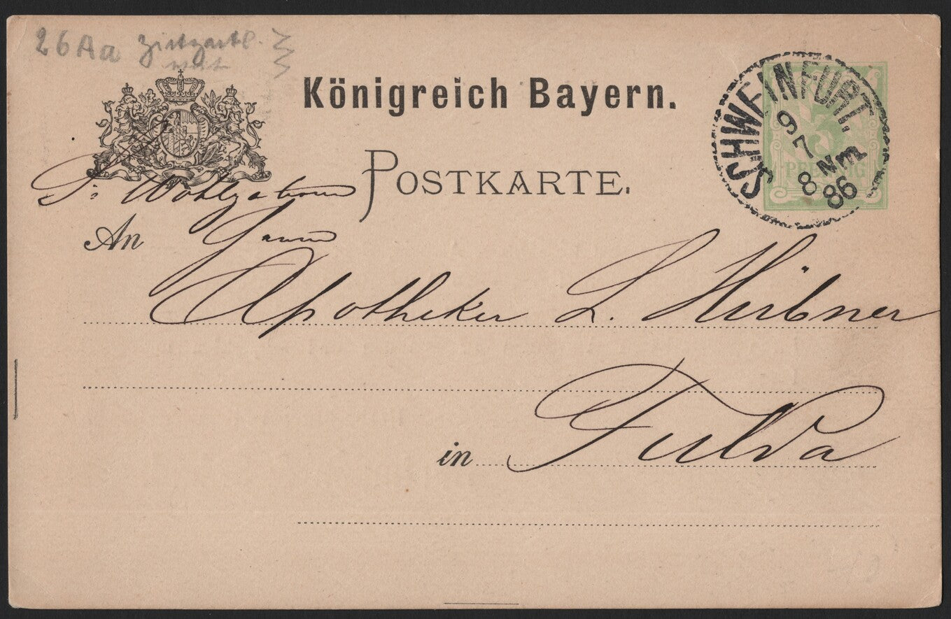 SCG3961 - Bavaria 1886 Postal Card – Schweinfurt to Fulda
