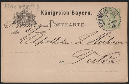 SCG3961 - Bavaria 1886 Postal Card – Schweinfurt to Fulda