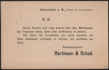SCG3961 - Bavaria 1886 Postal Card – Schweinfurt to Fulda