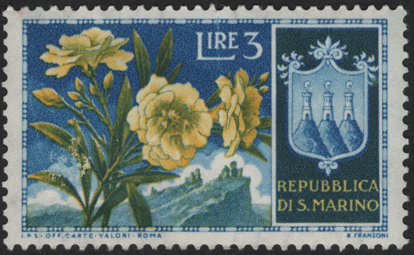 SCG4053 - San Marino 3 Lire – Floral and Coat of Arms Design (c.1950s)