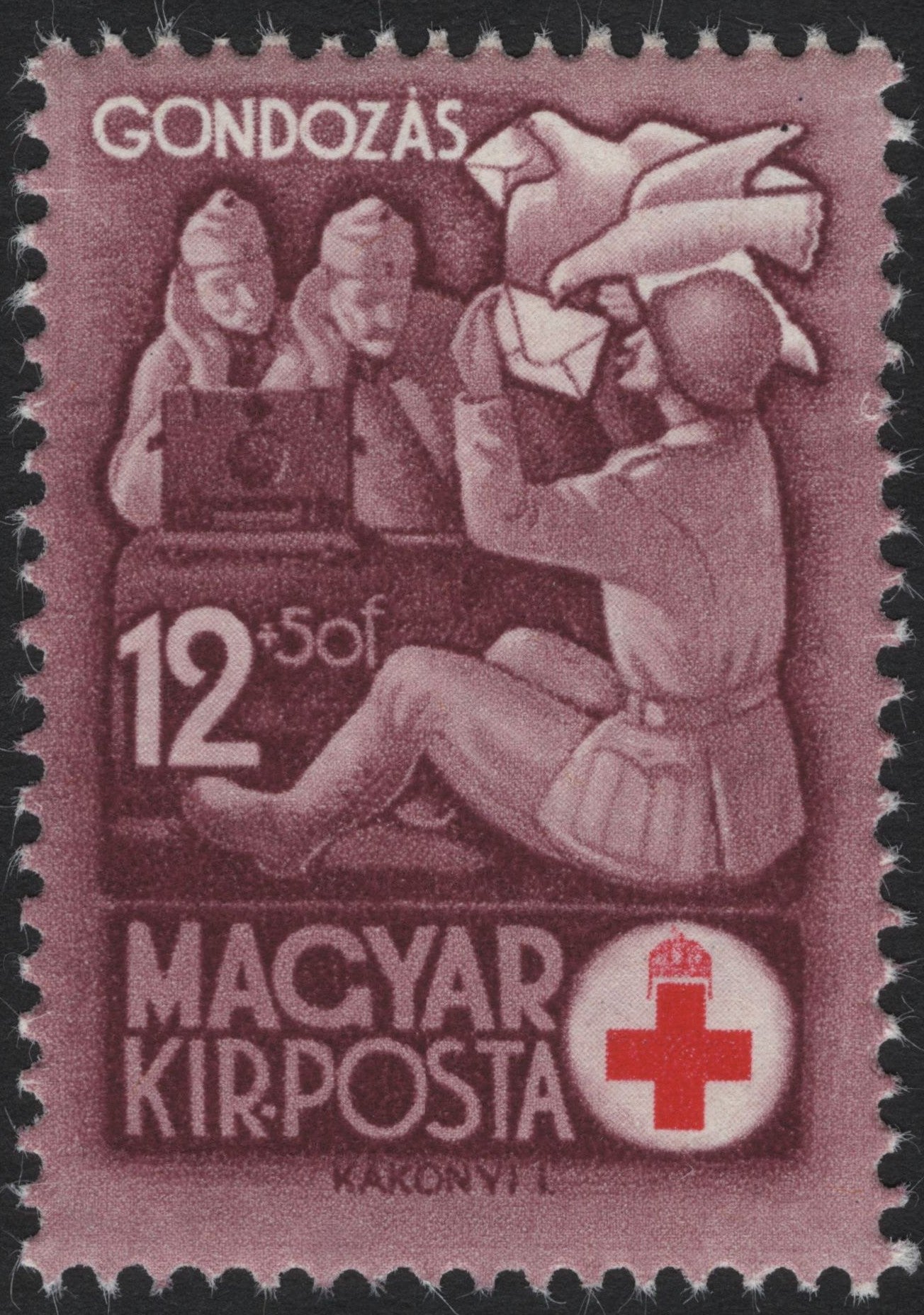 SCG4275 - Hungary 1942 Red Cross Semi-Postal Stamp – Soldiers & Carrier Pigeon