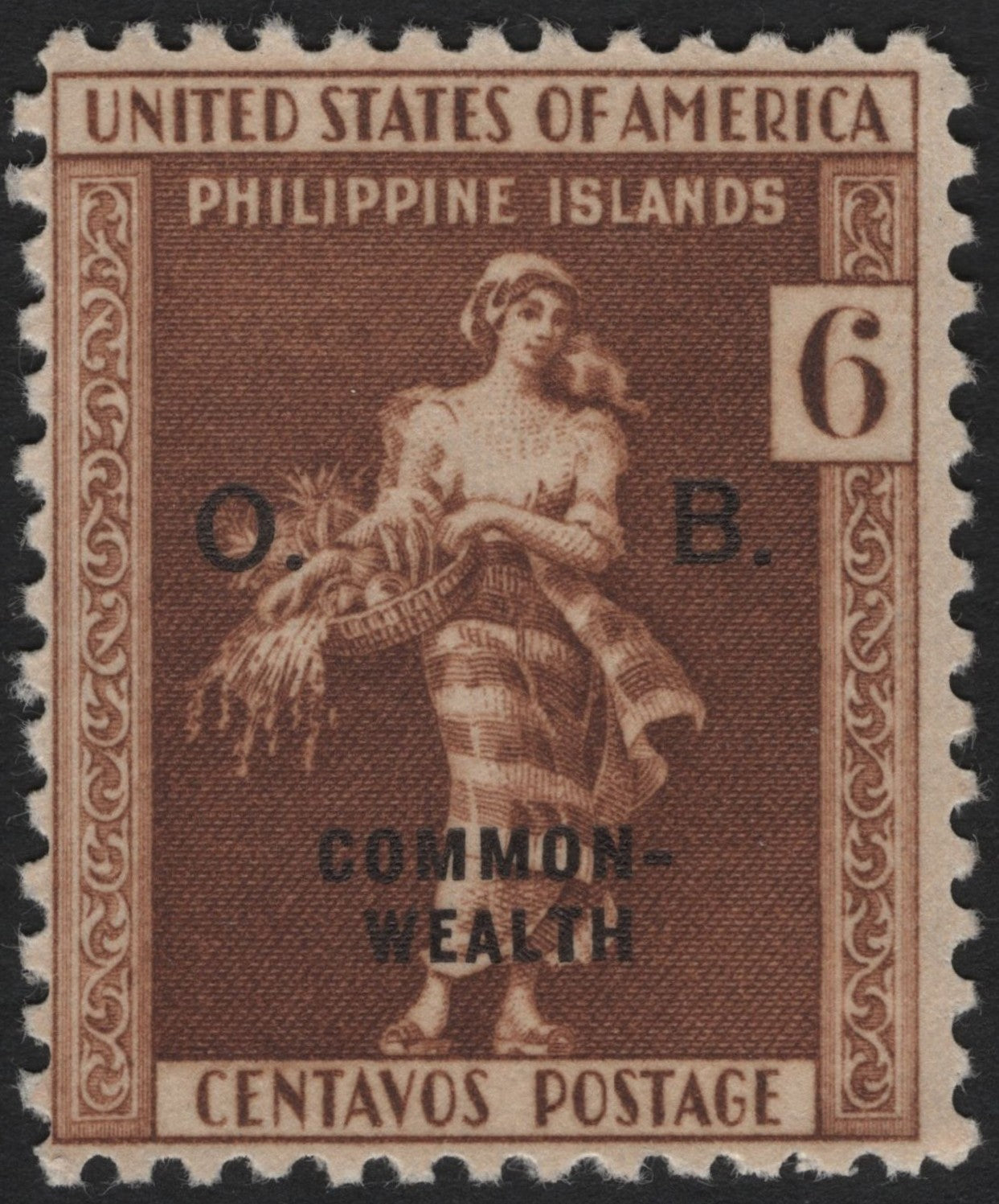 SCG4347 - 1935 Philippines Commonwealth – 6 Centavos Brown "Woman and Harvest" Overprint