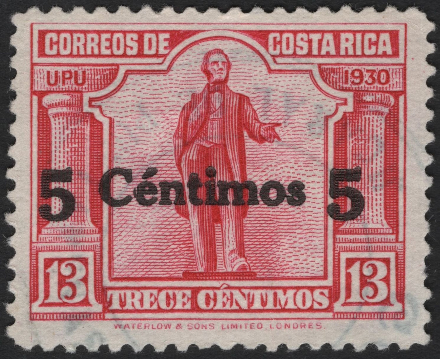 SCG4365 - Costa Rica 1930 – 5 Céntimos on 13 Céntimos Red Overprint