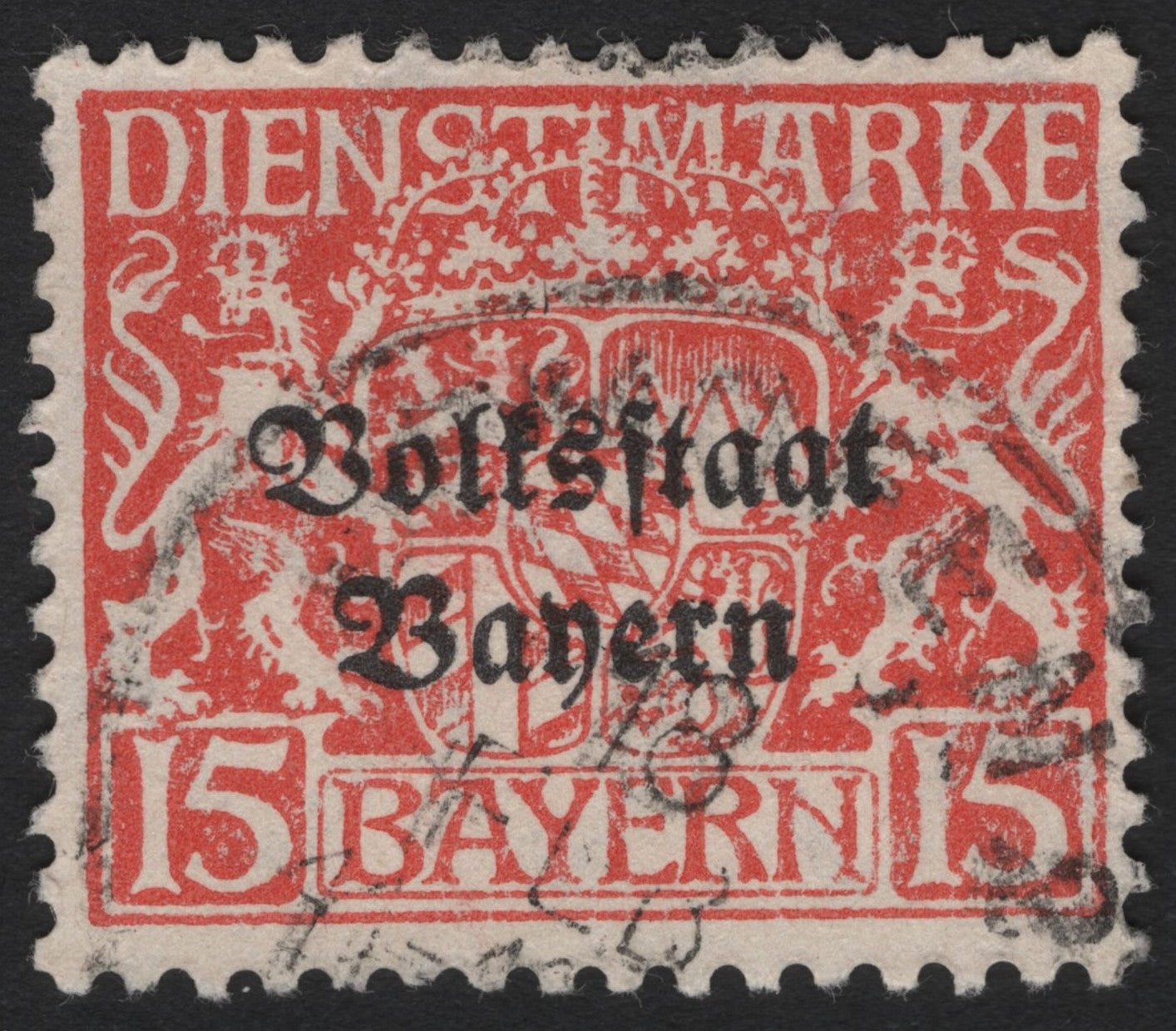 SCG4457 - Bavaria 1919 Official Stamp – 15 Pfennig "Volksstaat Bayern" Overprint