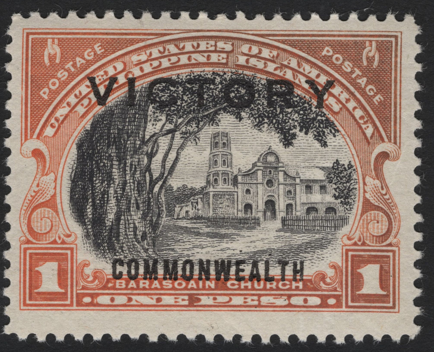 SCG4537 - Philippines 1944–45 "VICTORY" Overprint on 1935 1 Peso Barasoain Church (U.S. Administration, Commonwealth Issue)