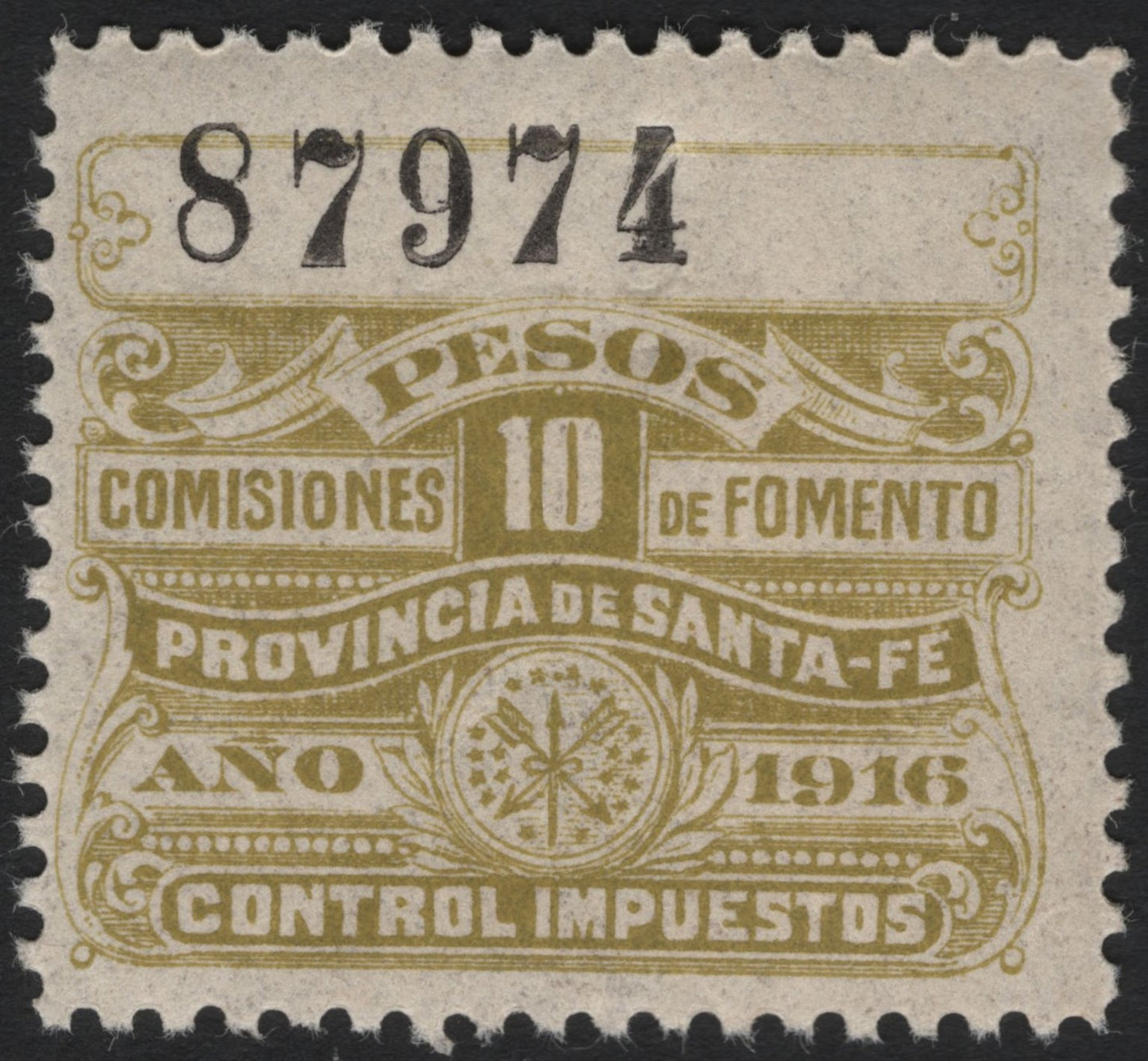 SCG4527 - Argentina – Santa Fe Province Revenue Stamp, 1916 (10 Pesos)